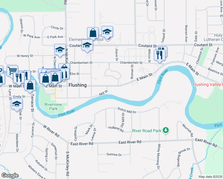 map of restaurants, bars, coffee shops, grocery stores, and more near 325 Dutch Mill Drive in Flushing
