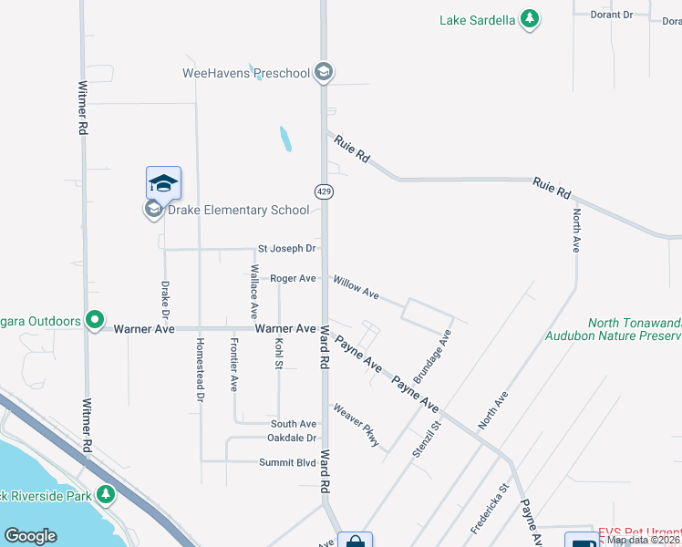 map of restaurants, bars, coffee shops, grocery stores, and more near 493 Willow Avenue in North Tonawanda