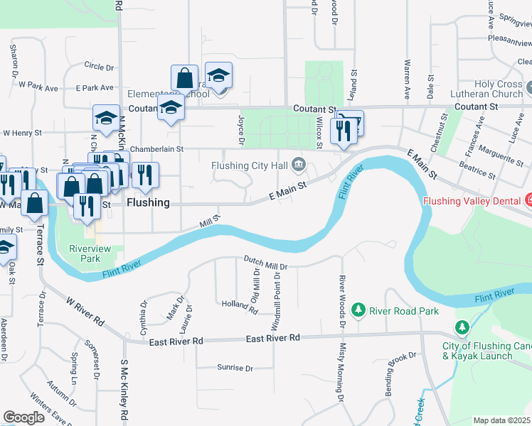 map of restaurants, bars, coffee shops, grocery stores, and more near 628 East Main Street in Flushing