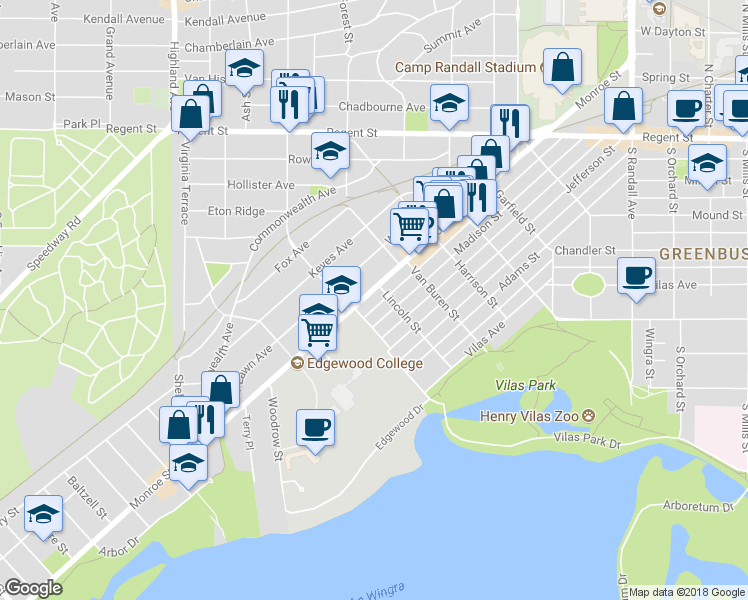 map of restaurants, bars, coffee shops, grocery stores, and more near 2107 Monroe Street in Madison