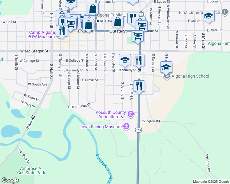 map of restaurants, bars, coffee shops, grocery stores, and more near 600-624 East Chubb Street in Algona