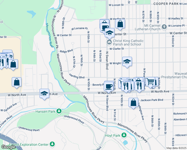 map of restaurants, bars, coffee shops, grocery stores, and more near 9435 Harding Boulevard in Wauwatosa