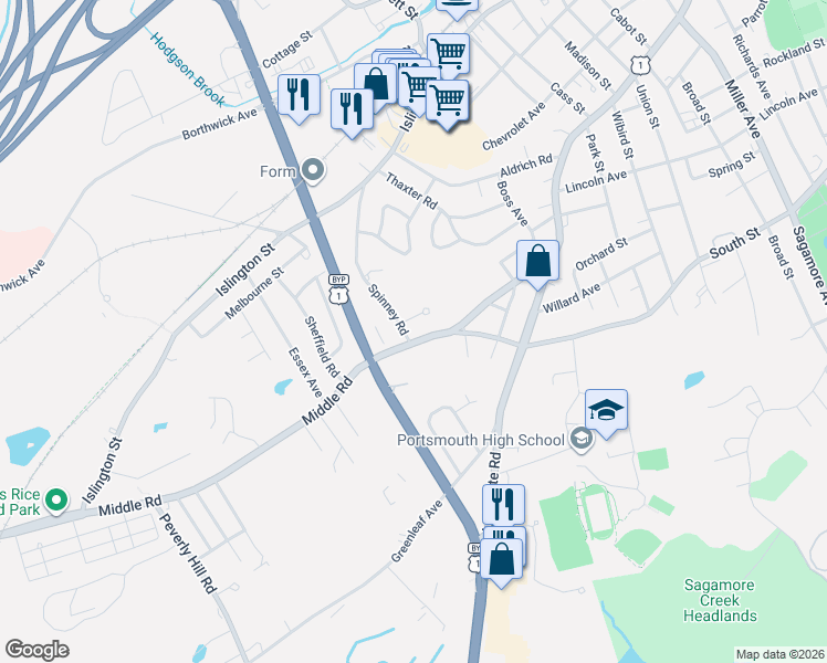 map of restaurants, bars, coffee shops, grocery stores, and more near 356 New Hampshire 33 in Portsmouth