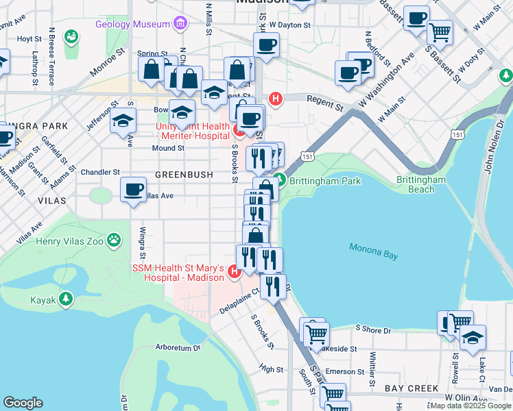map of restaurants, bars, coffee shops, grocery stores, and more near 422 South Park Street in Madison