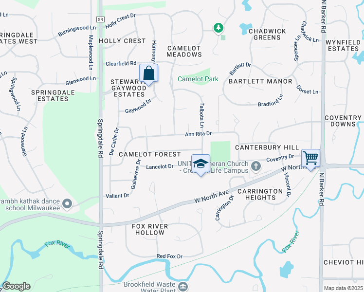 map of restaurants, bars, coffee shops, grocery stores, and more near 21435 Astolat Drive in Brookfield
