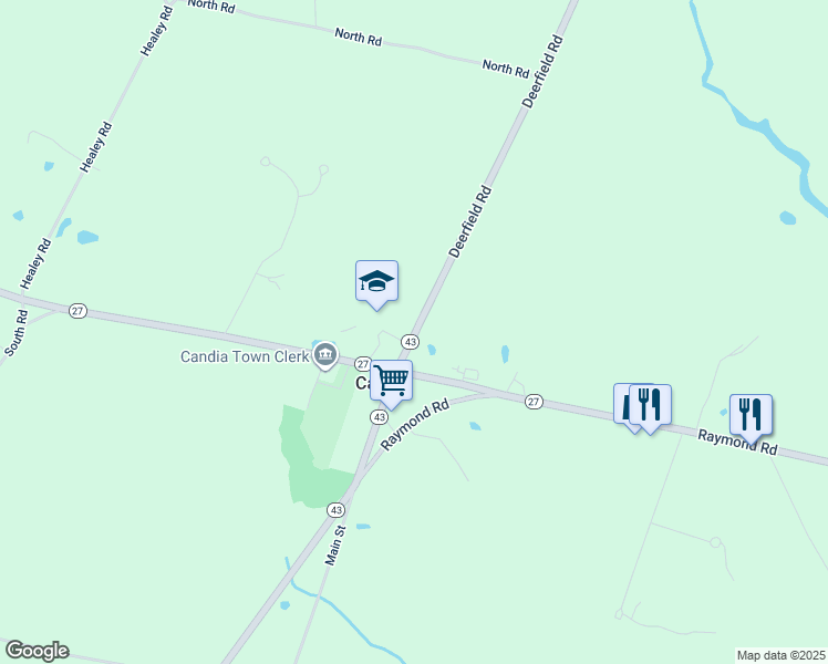 map of restaurants, bars, coffee shops, grocery stores, and more near 12 Deerfield Road in Candia