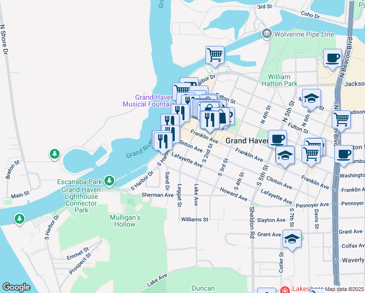 map of restaurants, bars, coffee shops, grocery stores, and more near 103 Lafayette Avenue in Grand Haven
