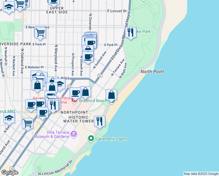 map of restaurants, bars, coffee shops, grocery stores, and more near 2505 North Wahl Avenue in Milwaukee