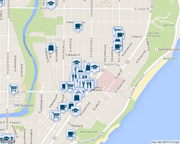 map of restaurants, bars, coffee shops, grocery stores, and more near 2200 East Kenwood Boulevard in Milwaukee