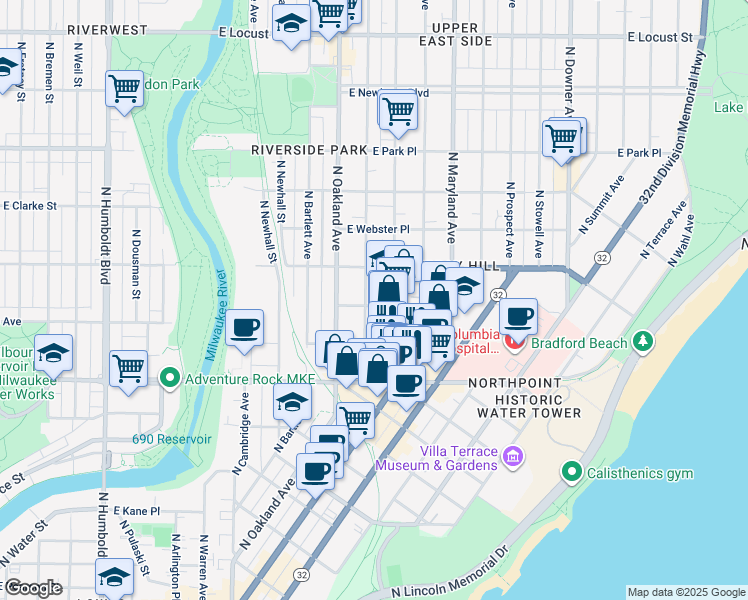 map of restaurants, bars, coffee shops, grocery stores, and more near 2422 North Cramer Street in Milwaukee