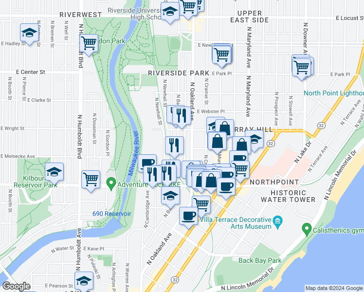 map of restaurants, bars, coffee shops, grocery stores, and more near 2425 North Bartlett Avenue in Milwaukee