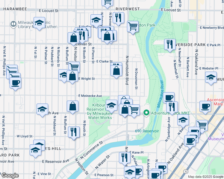 map of restaurants, bars, coffee shops, grocery stores, and more near 905 East Meinecke Avenue in Milwaukee