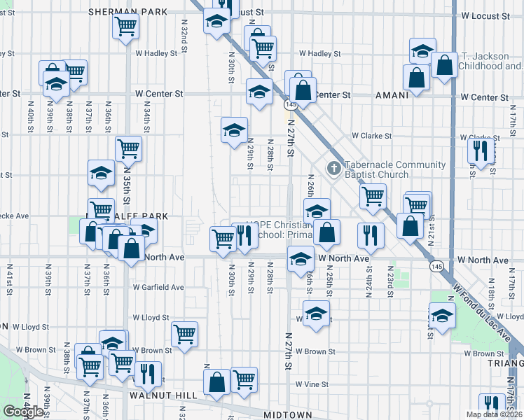 map of restaurants, bars, coffee shops, grocery stores, and more near 2700 West North Avenue in Milwaukee