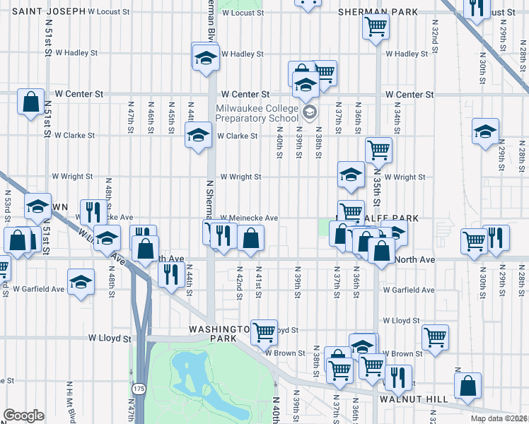 map of restaurants, bars, coffee shops, grocery stores, and more near 2362 North 41st Street in Milwaukee