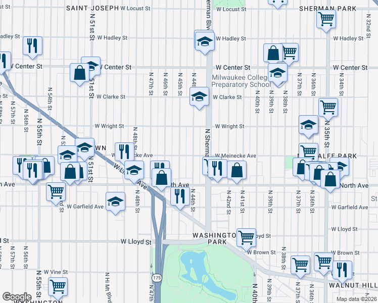 map of restaurants, bars, coffee shops, grocery stores, and more near 2363 North 44th Street in Milwaukee