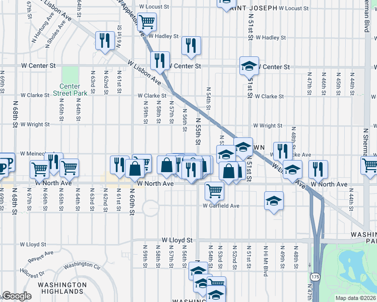 map of restaurants, bars, coffee shops, grocery stores, and more near 2360 North 56th Street in Milwaukee