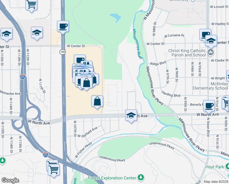 map of restaurants, bars, coffee shops, grocery stores, and more near 2358 North 103rd Street in Wauwatosa