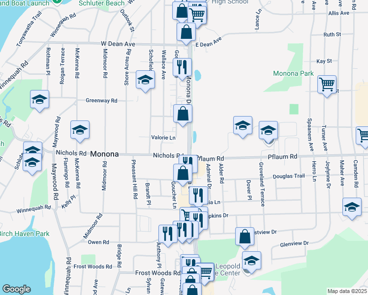 map of restaurants, bars, coffee shops, grocery stores, and more near 101 Nichols Road in Monona