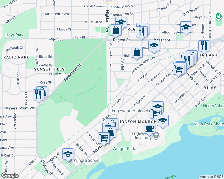 map of restaurants, bars, coffee shops, grocery stores, and more near 514 Virginia Terrace in Madison