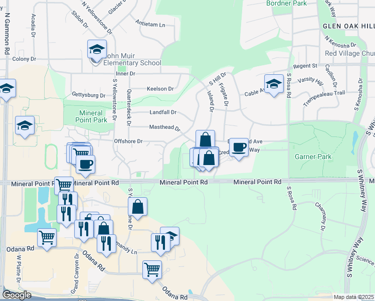 map of restaurants, bars, coffee shops, grocery stores, and more near 332 Island Drive in Madison