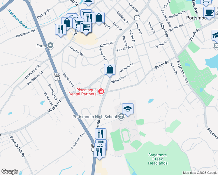 map of restaurants, bars, coffee shops, grocery stores, and more near in Portsmouth