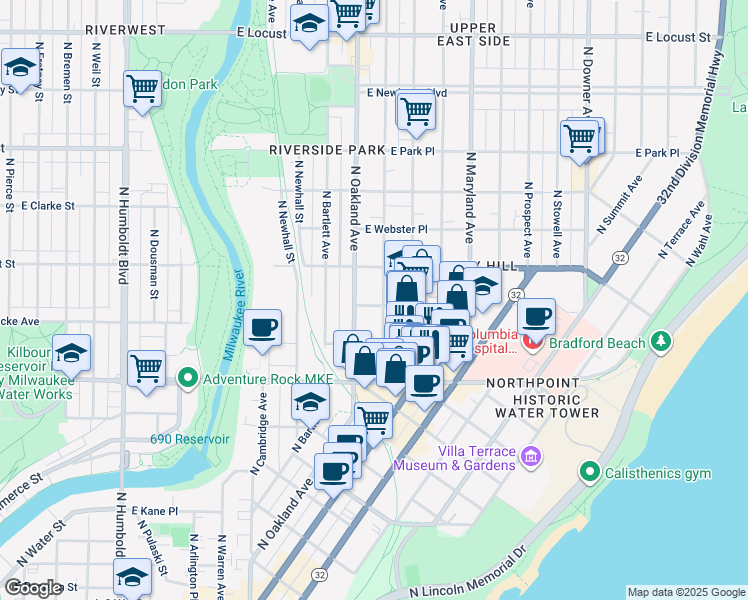 map of restaurants, bars, coffee shops, grocery stores, and more near 1828 East Greenwich Avenue in Milwaukee