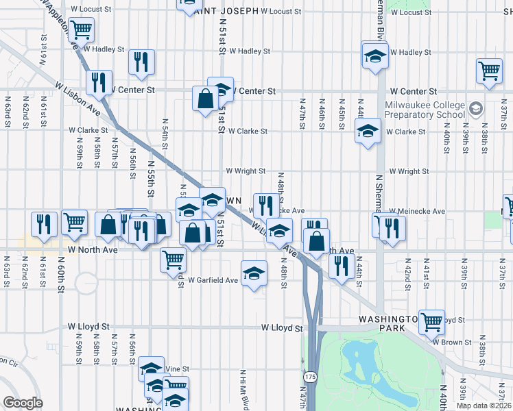 map of restaurants, bars, coffee shops, grocery stores, and more near in Milwaukee