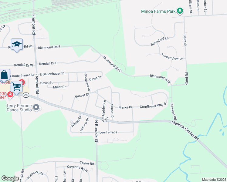 map of restaurants, bars, coffee shops, grocery stores, and more near 336 Sunset Drive in East Syracuse