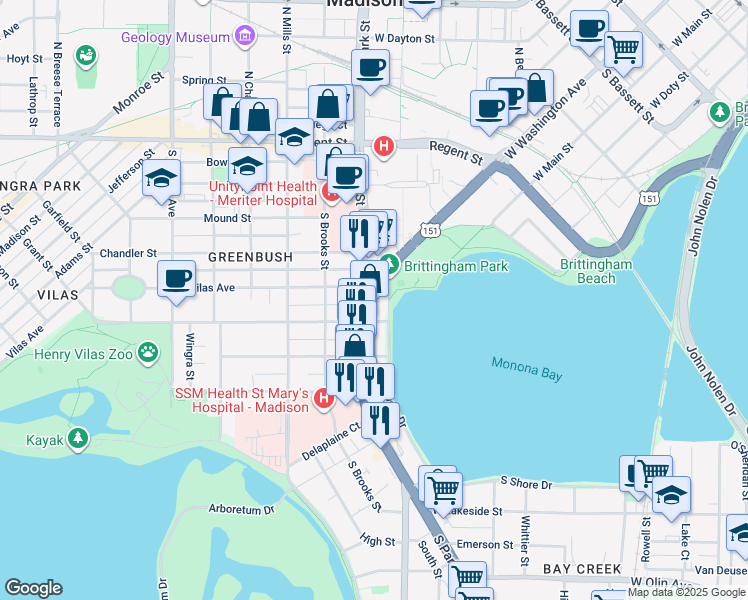 map of restaurants, bars, coffee shops, grocery stores, and more near 500 West Shore Drive in Madison