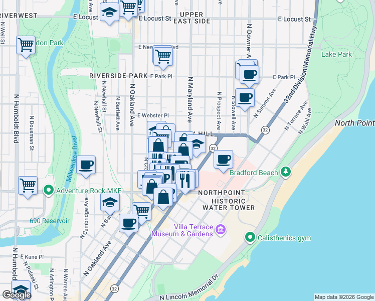 map of restaurants, bars, coffee shops, grocery stores, and more near 2426 North Farwell Avenue in Milwaukee