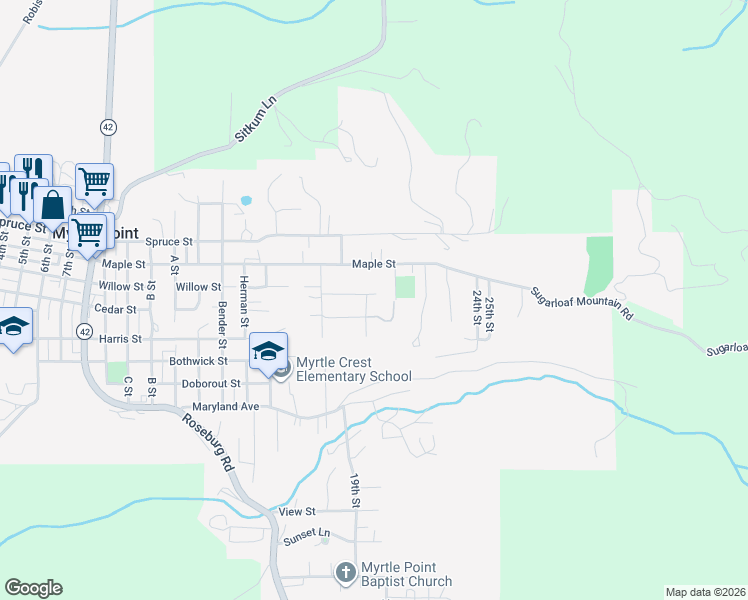 map of restaurants, bars, coffee shops, grocery stores, and more near 1932 East Willow Street in Myrtle Point