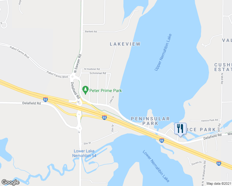 map of restaurants, bars, coffee shops, grocery stores, and more near 2338 North Lake Drive in Oconomowoc