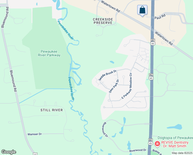 map of restaurants, bars, coffee shops, grocery stores, and more near N24W24330 Saddle Brook Drive in Pewaukee