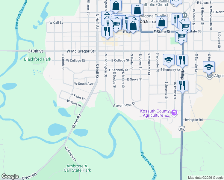 map of restaurants, bars, coffee shops, grocery stores, and more near 501-799 South Thorington Street in Algona