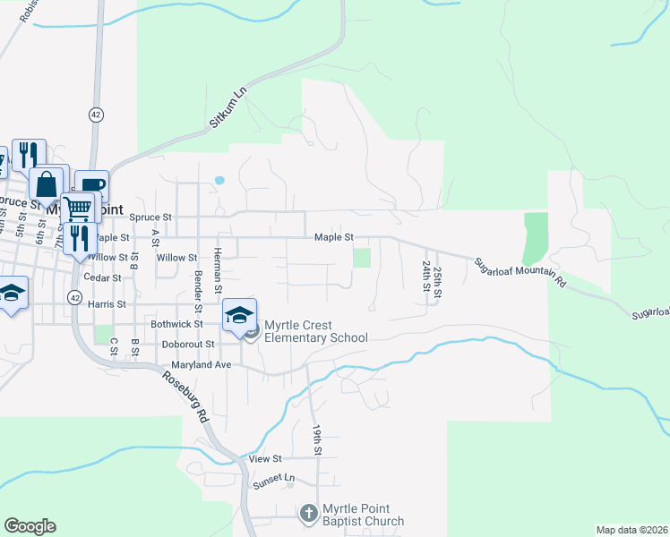 map of restaurants, bars, coffee shops, grocery stores, and more near 1932 East Willow Street in Myrtle Point