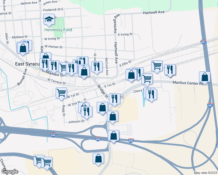 map of restaurants, bars, coffee shops, grocery stores, and more near 307 East Manlius Street in East Syracuse