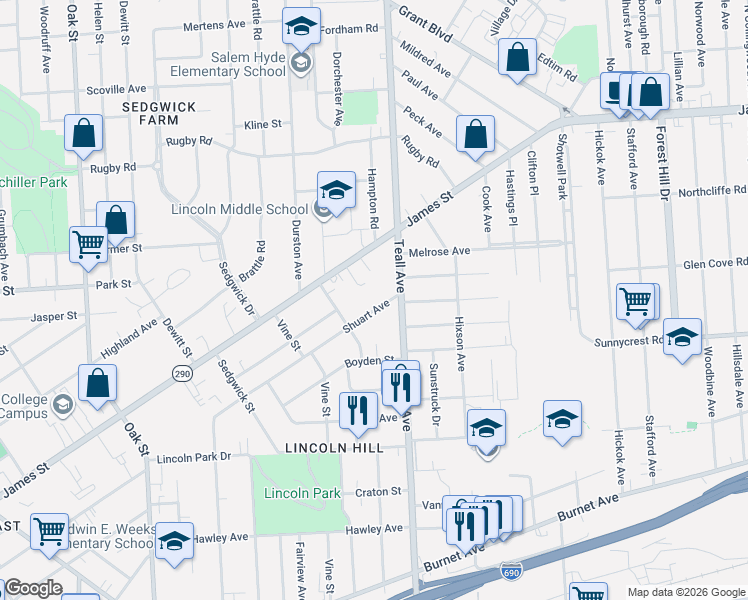 map of restaurants, bars, coffee shops, grocery stores, and more near 1211-13 Teall Avenue in Syracuse