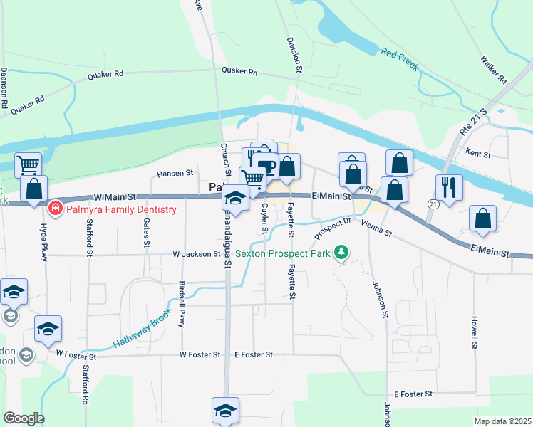 map of restaurants, bars, coffee shops, grocery stores, and more near 222 East Main Street in Palmyra
