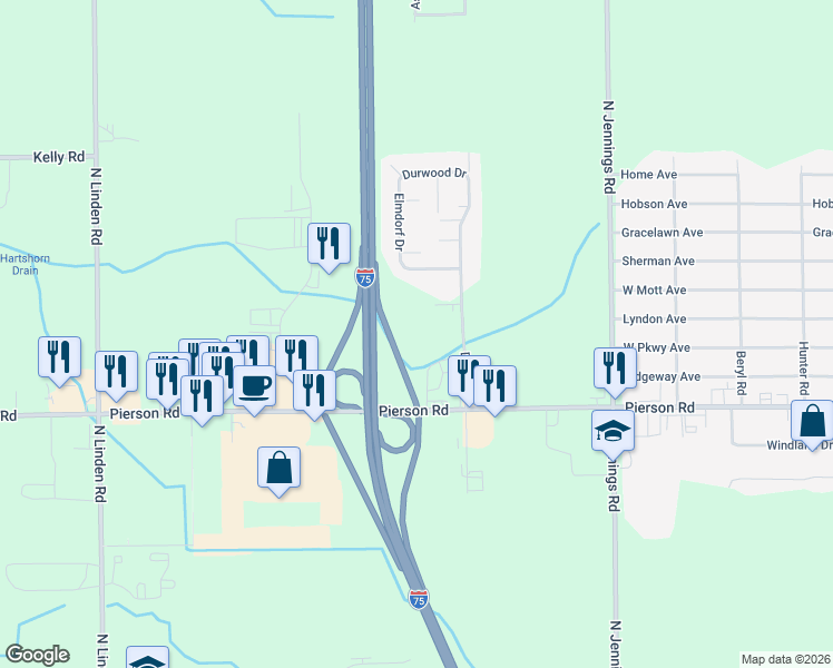 map of restaurants, bars, coffee shops, grocery stores, and more near 4099 Dolan Drive in Flint