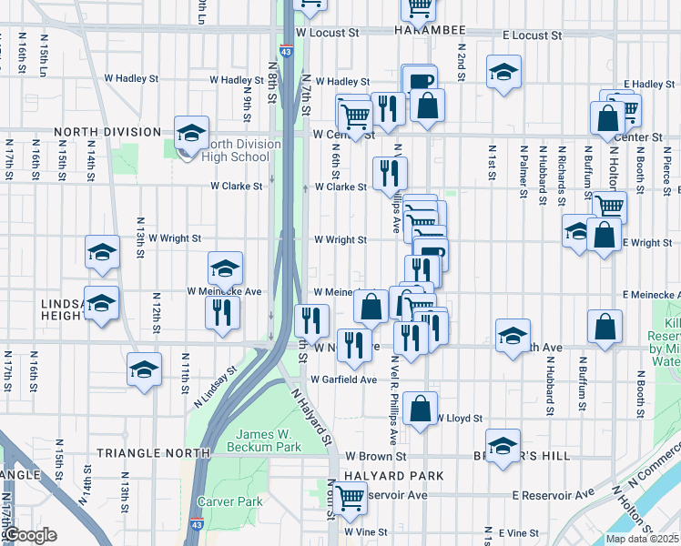 map of restaurants, bars, coffee shops, grocery stores, and more near 539 West Wright Street in Milwaukee