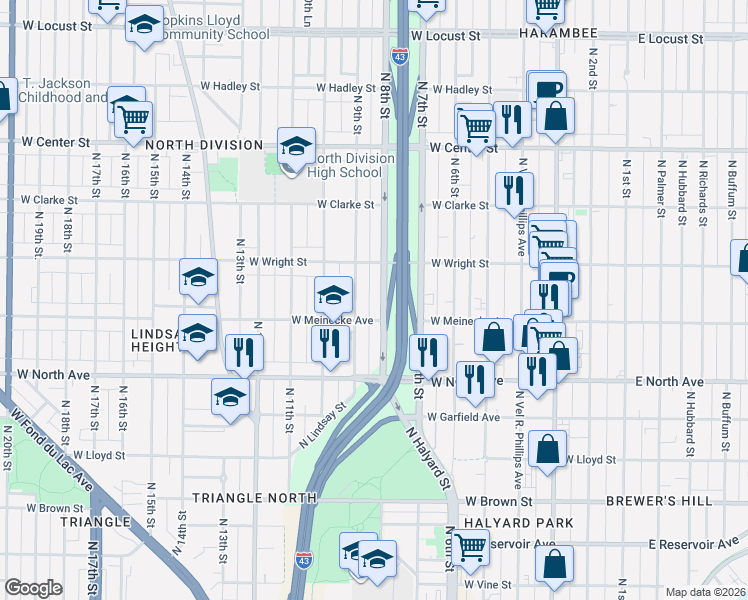 map of restaurants, bars, coffee shops, grocery stores, and more near 2456 North 9th Street in Milwaukee