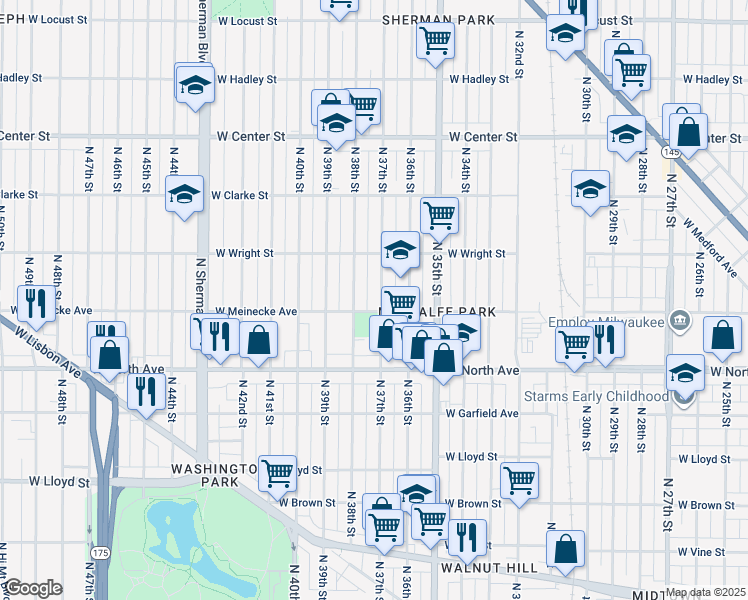 map of restaurants, bars, coffee shops, grocery stores, and more near 2445 North 37th Street in Milwaukee