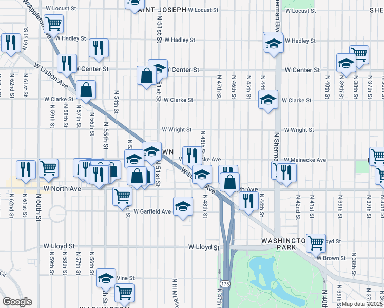 map of restaurants, bars, coffee shops, grocery stores, and more near 2447 North 49th Street in Milwaukee