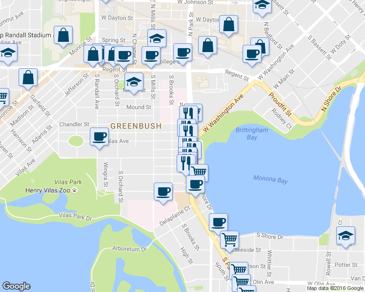 map of restaurants, bars, coffee shops, grocery stores, and more near 902 Vilas Avenue in Madison