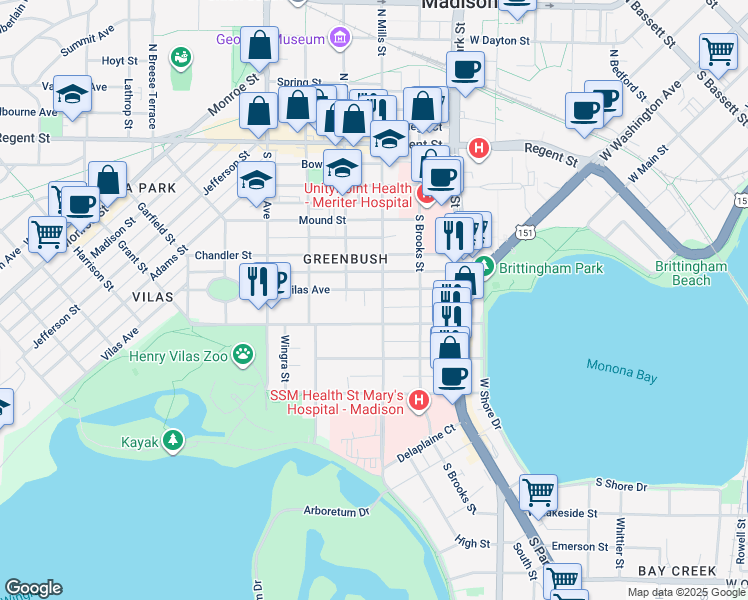 map of restaurants, bars, coffee shops, grocery stores, and more near 318 South Mills Street in Madison