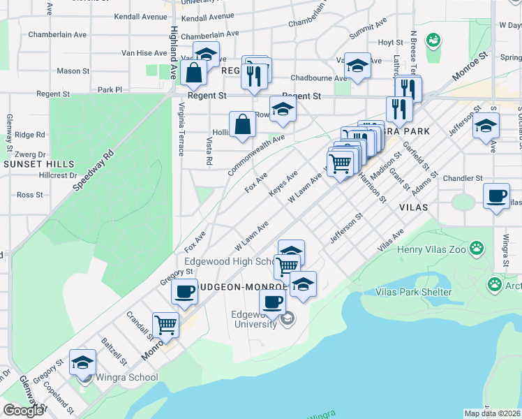 map of restaurants, bars, coffee shops, grocery stores, and more near 2221 Fox Avenue in Madison