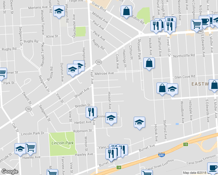 map of restaurants, bars, coffee shops, grocery stores, and more near Hixson Avenue & Mooney Avenue in Syracuse