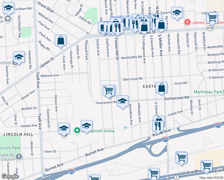 map of restaurants, bars, coffee shops, grocery stores, and more near 331 Stafford Avenue in Syracuse
