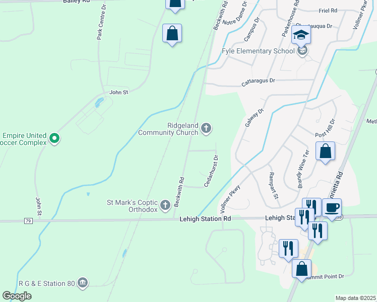 map of restaurants, bars, coffee shops, grocery stores, and more near 2 Palm Desert Drive in West Henrietta