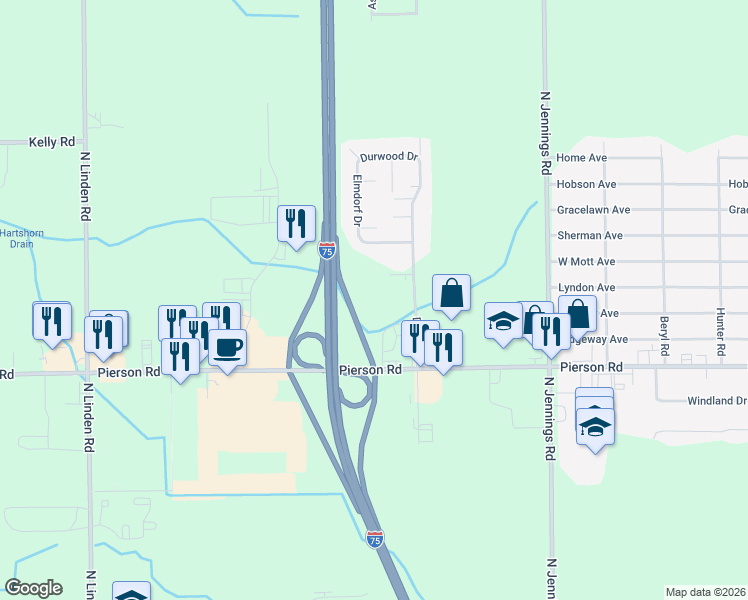 map of restaurants, bars, coffee shops, grocery stores, and more near 4099 Dolan Drive in Flint